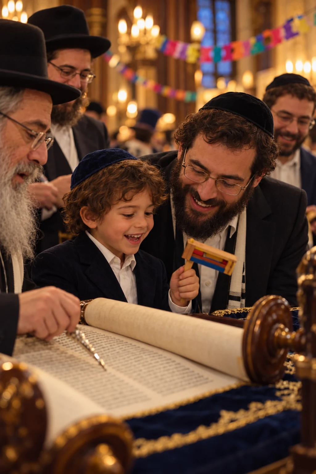 Un père et son fils suivent la lecture du parchemin à la synagogue pendant Pourim