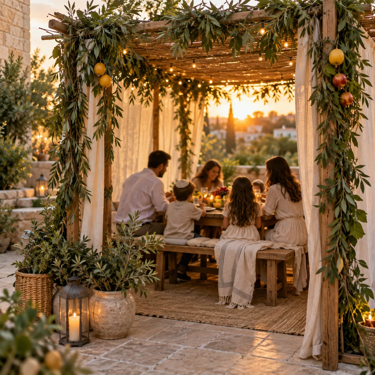 Une famille partage un repas sous une soucca décorée