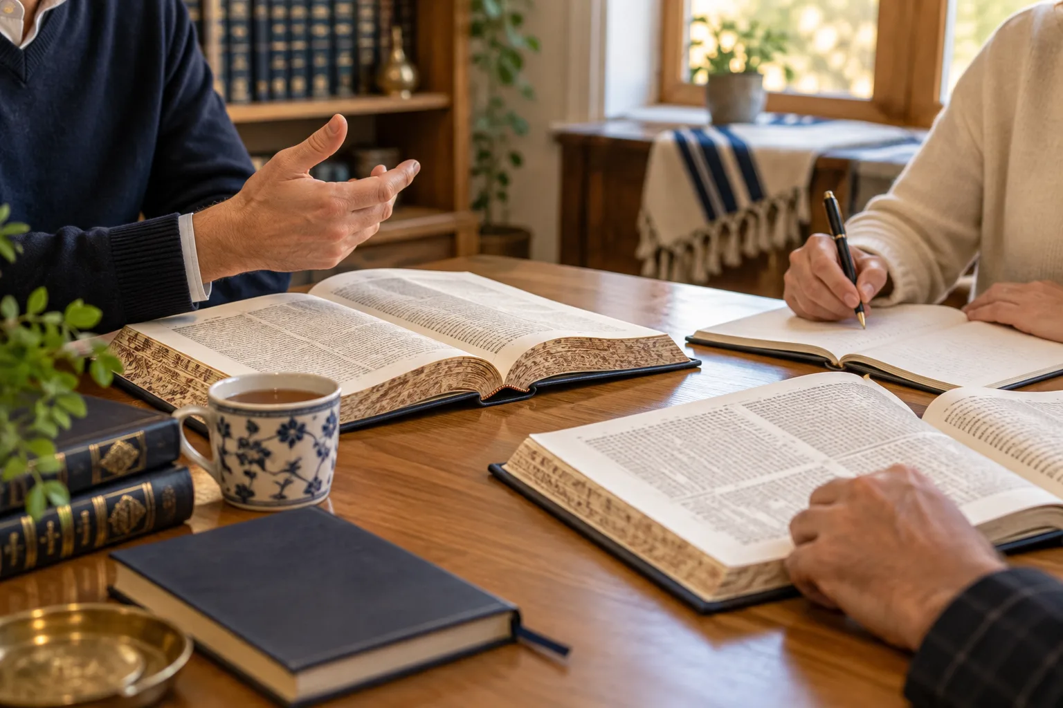Des membres de la communauté étudient la Torah autour d’une table